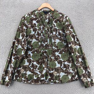 Boden Cotton Poplin Top Womens US8/UK12 Blue Green Brown Floral Long Sleeves